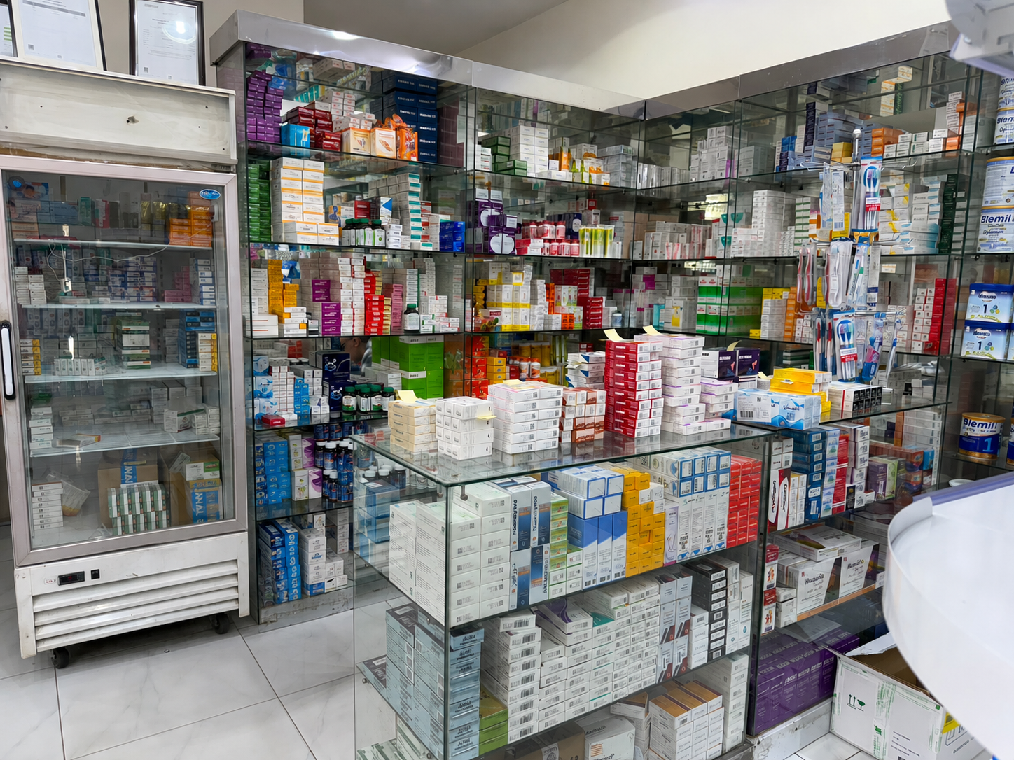 Medicine shelves inside Dawaa Al-Nazeem Medical Pharmacy